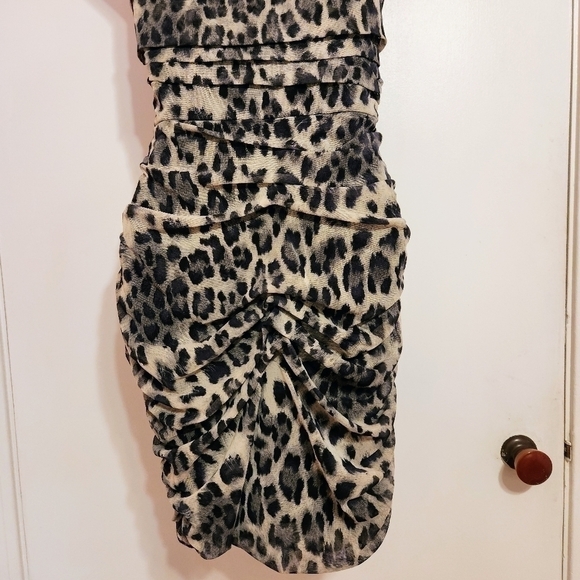 Allen B Cheetah Print Mesh Ruched Asymmetrical Mini Dress Black Beige X Small - Picture 8 of 12